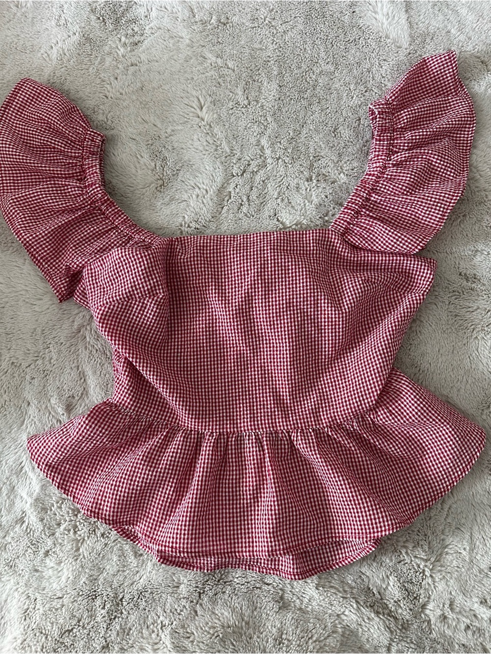 meraki Red Gingham Peplum Ruffle Sleeve Top
